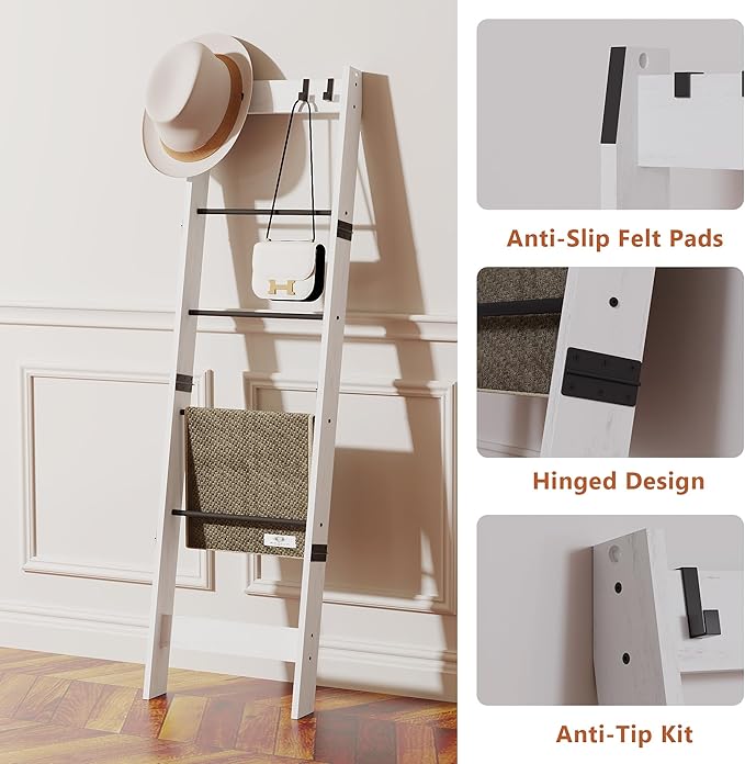 TRIFEBLE 6 Tier Blanket Ladder Shelf for Living Room and Bedroom, Ladder Holder with 4 Metal Hooks, 5.2ft Blanket Quilt Holde
