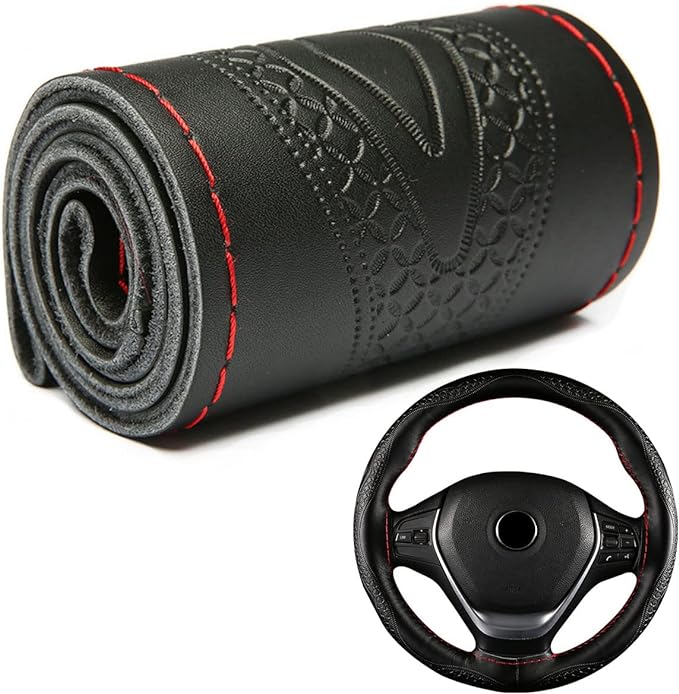 DEEYOTA Car Steering Wheel Cover Universal Fit Round Stitch Steering Wheel Wrap Thin PU Leather Steering Wheel Cover Sewn on 