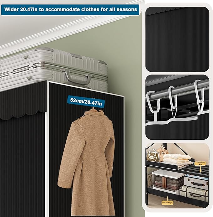 49.2in Heavy Duty Clothes Rack with Black Cover Foldable Covered Clothes Rack for Hanging Clothes portable Wardrobe Closet Sy
