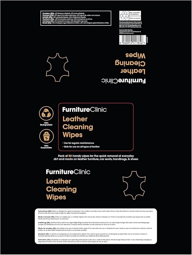 Furniture Clinic Leather Cleaning Wipes | 80 Count | 4-in-1 Clean, Nourish, Condition, & Restore Leather & Vinyl Furniture, H