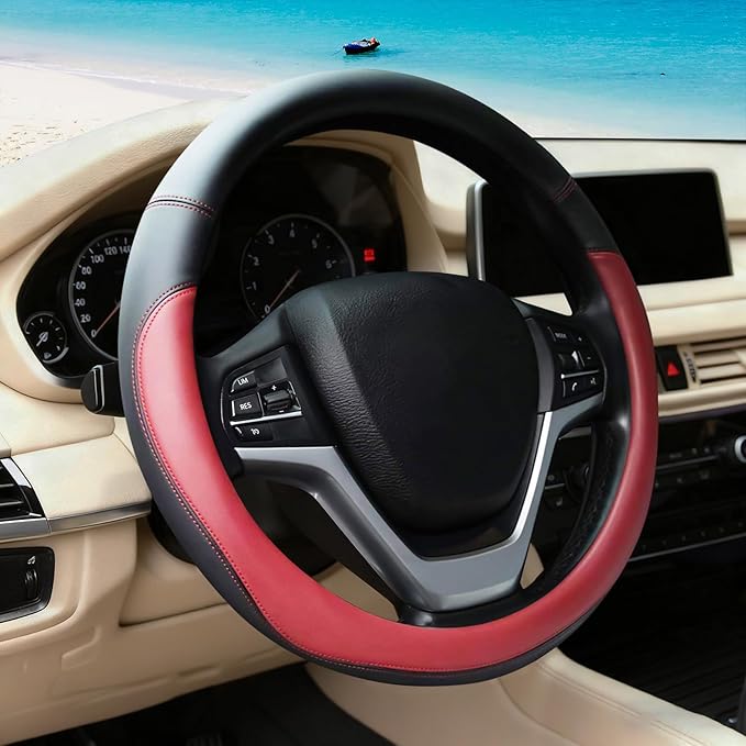 Wine Red Car Steering Wheel Cover, Nappa Leather, Bottom Color Blocking, Universal 14.5-15 Inch Leather Anti-Slip Breathable 