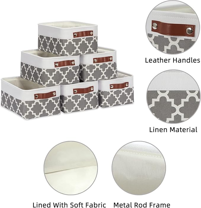 HNZIGE Small Baskets Fabric Storage Baskets(6 Pack) Storage Bins with Leather Handles Empty Gift Basket Decorative Storage Ba