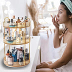 Rotating Makeup Organizer Countertop 3 Tier Lazy Susan Trays Clear Skincare Perfume Storage for Bathroom Counter Vanity, Ambe