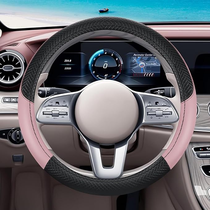 Black & Pink Car Steering Wheel Cover, Microfiber, Leather Patchwork, Universal 14.5-15 Inch Leather Anti-Slip Breathable Aut