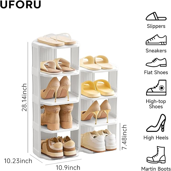 Vertical Shoe Rack, 9-Tier Plastic Stackable Storage Shelf for Small Closets and Narrow Spaces, Compact Free Standing Shoe Ra