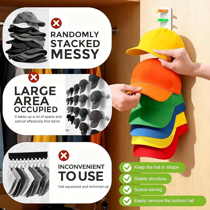 Haiou 2 Pack Hat Organizer for Baseball Caps Strong Adhesive Hat Rack for Wall Multilayer Hat Storage Display Holder Wall Mou
