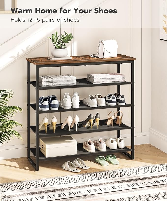 HOOBRO Shoe Rack, 5 Tier Shoe Storage Organizer with 4 Oxford Fabric Shelves and Top Panel, Holds 16-20 Pairs of Shoes, for E