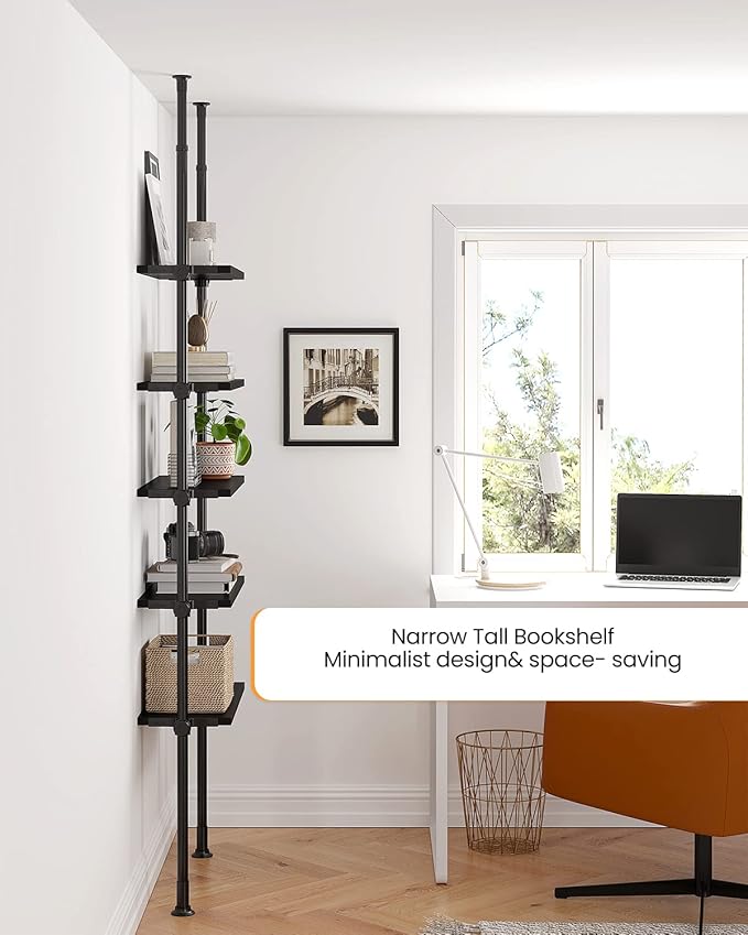 ALLZONE 5 Tiers Narrow Bookshelf, Tall Adjustable Ladder Book Shelf with Open Storage, Floor to Ceiling Tension Mount, Wooden