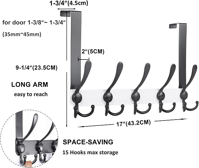 Dseap Over The Door Hook Hanger - Fits 1 3/8" to 1 3/4" Standard Doors | 5 Tri Hooks Heavy Duty Towel/Coat Rack | Door Organi
