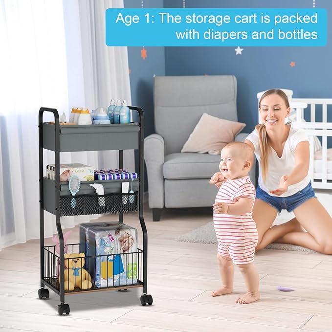 3-tier Baby Diaper Caddy Organizer and Storage Cart with 4+3 Dividers, Metal Utility Cart with Lockable Wheels for Nursery, B