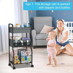 3-tier Baby Diaper Caddy Organizer and Storage Cart with 4+3 Dividers, Metal Utility Cart with Lockable Wheels for Nursery, B