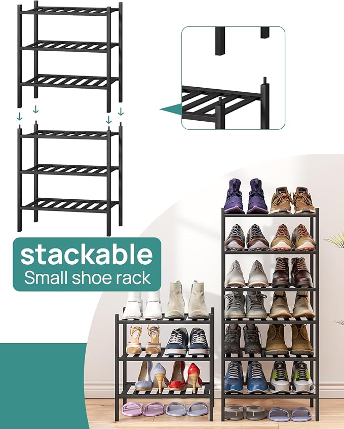 viewcare Small Shoe Rack for Entryway,3-Tier Black Bamboo Shoe Organizer for Hallway Closet, Free Standing Shoe Racks for Ind