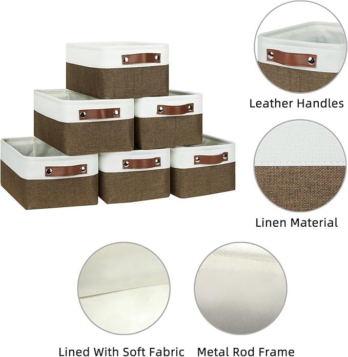 HNZIGE Small Fabric Storage Bins (6 Pack) - Foldable Decorative Baskets with Handles, Empty Gift Baskets for Storage (Brown &