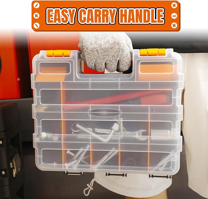 Jack Boss Tool Box with Transparent Lid, Double Side 34-Compartments Organizer Box with Removable Dividers for Hardware, Scre