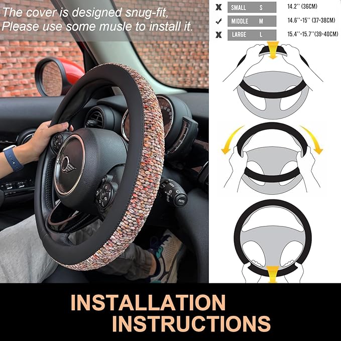 PINCTROT Chenille Leather Steering Wheel Cover, Soft Mottled Colors, Sweat-Proof, Non-Slip Grip, All-Season Comfort, Universa