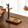 Solid Acacia Wood Key Tray and Bowl for Entryway Table - Jewelry Tray With 3 Hooks, Open Storage for Wallet, Glasses, Watches