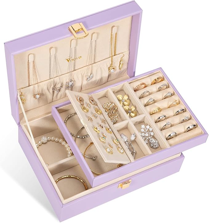 Voova Jewelry Box Organizer for Women Girls, 2 Layer Large Men Jewelry Storage Case, PU Leather Display Jewellery Holder with