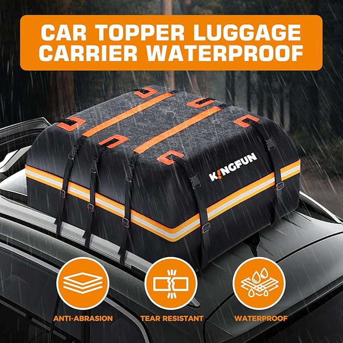 Kingfun Car Rooftop Cargo Carrier Bag, Waterproof 15 Cubic Feet Car Roof Luggage Carrier for All Vechicles with/Without Racks, Includes Anti-Slip Mat, 8 Reinforced Straps, 6 Door Hooks,Luggage Locks
