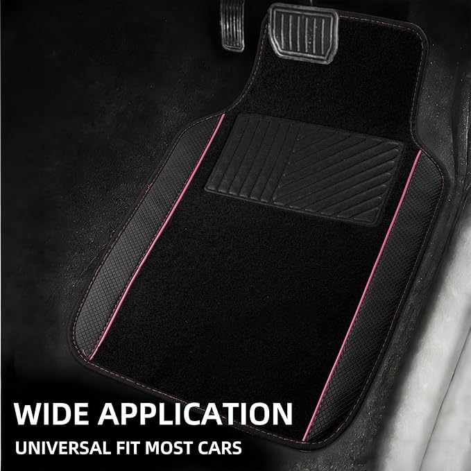 NBTEPEM Waterproof Universal Fit Car Floor Mats, Faux Leather Sporty Car Carpet Mats with Anti-Slip Nibbs Backing & Driver Heel Pad Fit for SUV, Vans, Sedans, Trucks, Set of 4 (Black with Pink line)