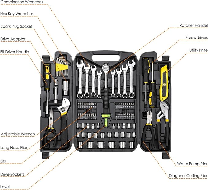 TLGREEN 95 Piece Tool Set, Tool Kit, Mechanics Tool Set, Portable Toolbox with Adjustable Wrench Pliers Socket Bits, with Pla