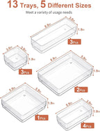 SMARTAKE 13-Piece Drawer Organizer with Non-Slip Silicone Pads, 5-Size Desk Drawer Organizer Trays Storage Tray for Makeup, J