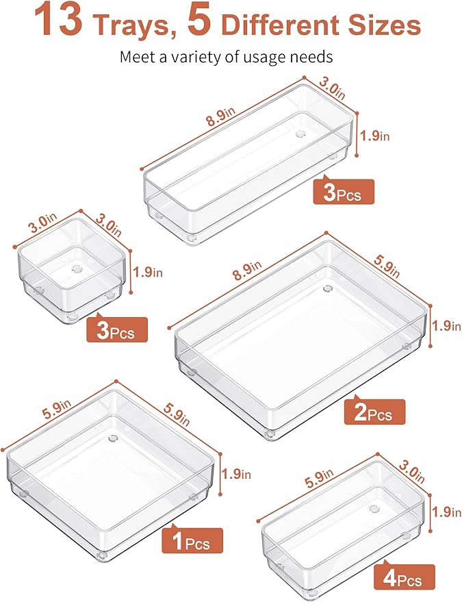 SMARTAKE 13-Piece Drawer Organizer with Non-Slip Silicone Pads, 5-Size Desk Drawer Organizer Trays Storage Tray for Makeup, J