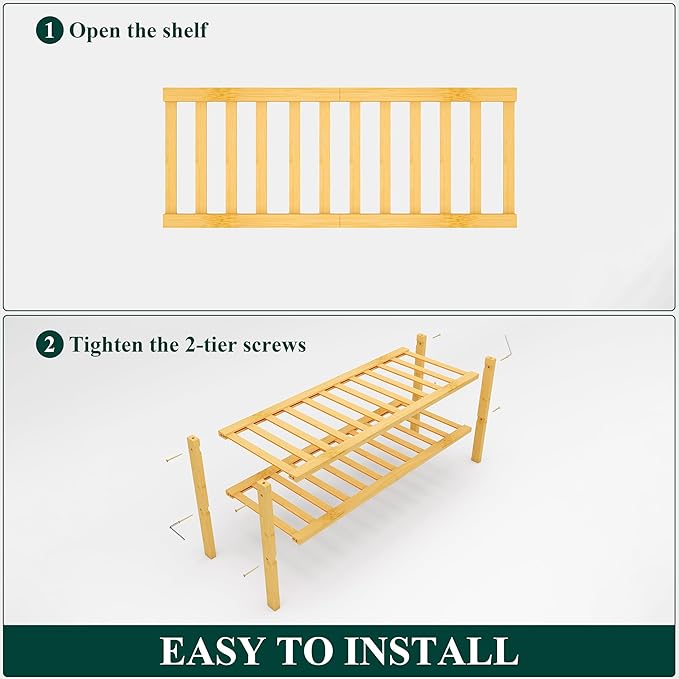 Smiry Shoe Rack, 2 Tier Bamboo Shoe Organizer, Stackable Free Standing Wooden Shoe Storage Shelf for Closet, Entryway, Front 