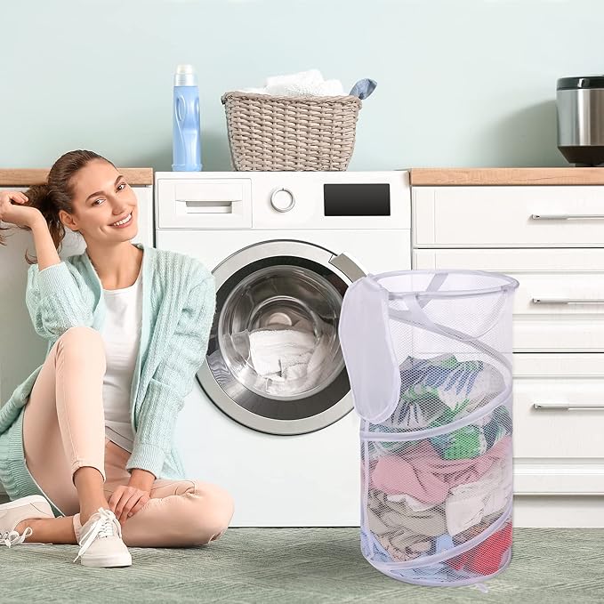 BATTOO 2 Pack Collapsible Laundry Basket with Lid Foldable Mesh Pop Up Hamper with Handles for Laundry Room, Bathroom, Kids R