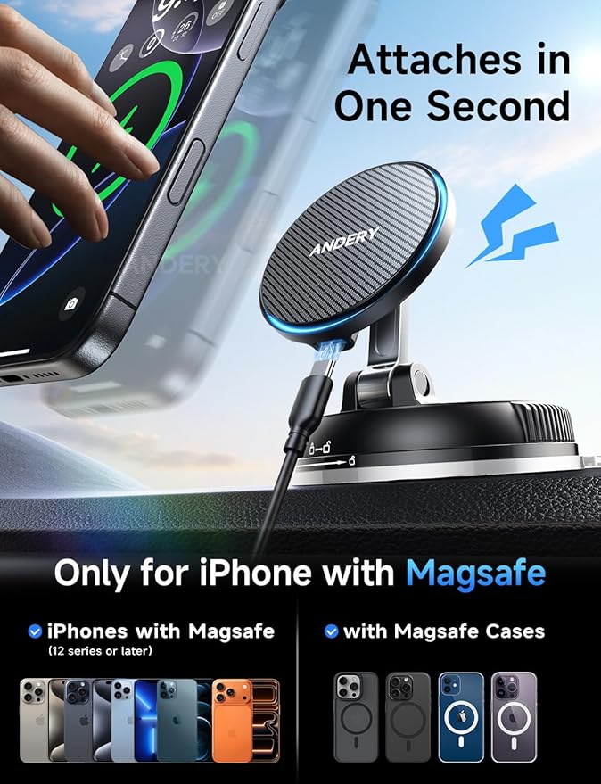ANDERY Only for iPhone Magsafe Car Mount Charger [15W Wireless Faster Charging, 78+LBS Strongest Suction, 2400gf Strongest Magnetic] 360° Adjustable Car Phone Holder, Phone Holders for Your Car, Black