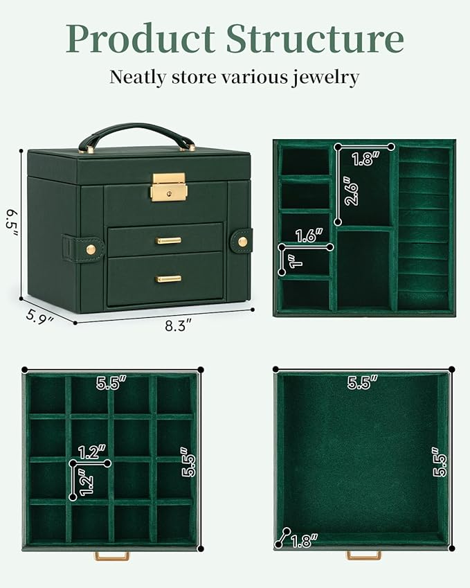 TORIBIO Jewelry Box for Women, Leather Jewelry Organizer with Mirror & Lock, 3-Tier Jewelry Storage Organizer with 2 Drawers 