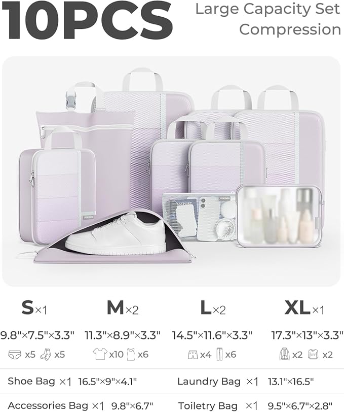 Percover Compression Packing Cubes 10-Piece Set, Packing Cubes Compression for Travel with Toiletry Bag, Laundry Bag & Shoe B