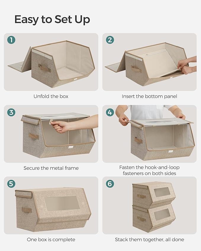 SONGMICS Stackable Storage Bins Set of 2, Storage Boxes with Lids and Front Windows, Non-Woven Fabric Closet Organizers with 