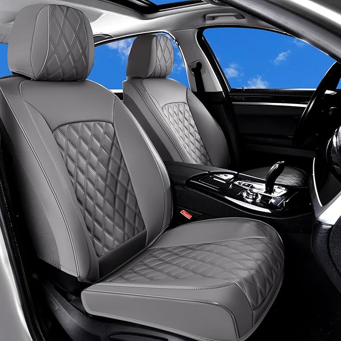 Huidasource Gray Front Seat Covers, Car Seat Covers Front Seats Nappa Leather, Side Elastic Fabric, Compatible with Airbags, 