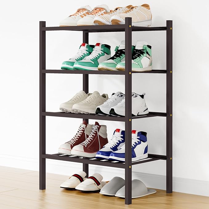 Smiry Shoe Rack, 4 Tier Small Bamboo Shoe Organizer, Stackable Free Standing Wooden Shoe Storage Shelf for Closet, Entryway, 