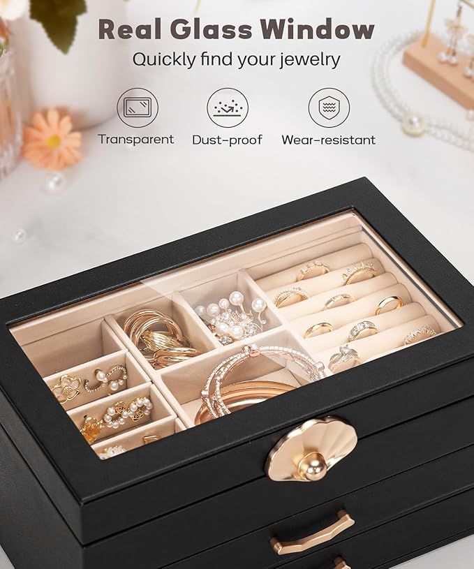 Enthralite Jewelry Box with 2 Drawers: Display Organizer for Earrings Necklaces - Gifts for Girls Women (Black)