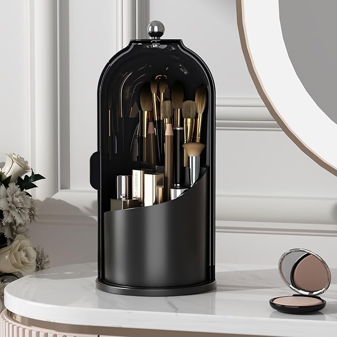 YOOLENS Makeup Brush Holder with Lid 360 Rotating Clear Dustproof Make Up Organizers for Vanity Bathroom Countertop, All Blac