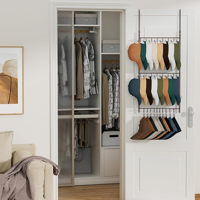 HapiRm Over Door Hat Rack - 3 Tier Wall Mounted Hat Organizer with 16 Hooks and 10 Movable Clips, Cap Hanger Storage up to 26