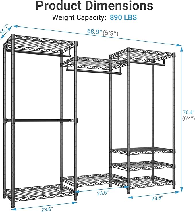 VIPEK V5 Portable Closet Wardrobe Heavy Duty Clothes Rack, Freestanding Clothing Rack with 4 Hang Rods & 8 Shelves, Adjustabl