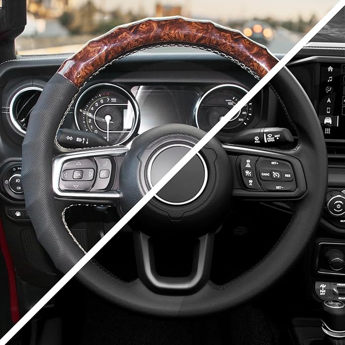 KAFEEK Wood Grain Steering Wheel Cover, Universal 15 Inch, Car Steering Wheel Protector Men Women, Comfort Finger Grips, Brea