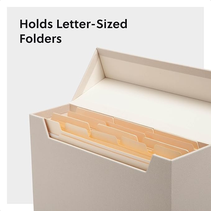 SMEAD Flip Top File Box, 10" x 3.7" x 13", Beige Natural Linen, Gold Metal Nameplate (70232)