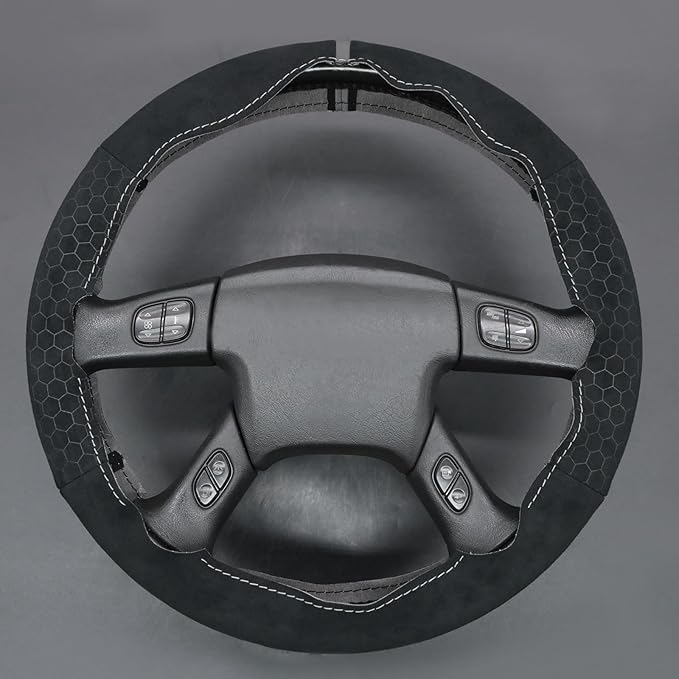 MEWANT Suede Steering Wheel Cover for Chevy Silverado 1500 2003-2006 DIY Hand-Stitched Non-Slip Grip Black Embossed Wrap
