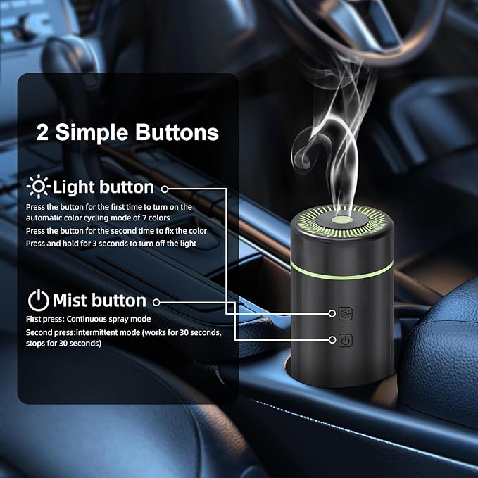 100ML Car Diffuser, USB Rechargeable Battery Operated, Powered Cordless Essential Oil Humidifier, 7 LED Color Lights 2 Timer 
