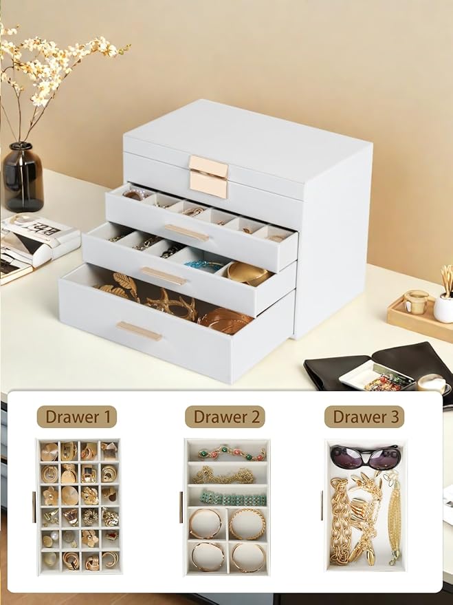 BOOVO Jewelry Boxes for Women, 5 Layer Jewelry Organizer with Necklace Hanger and Drawers, Large Jewelry Box for Earrings, Ne