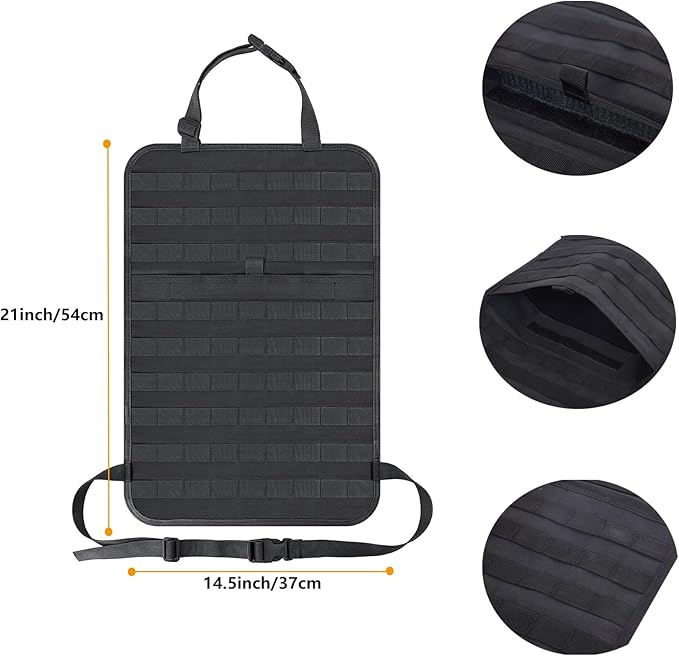 tactical car seat back organizer and storage truck seat covers with a Molle Vehicle Panel and 5 Different Size Molle Pouches for most models such as Jeep,SUV,Pickup(Black)