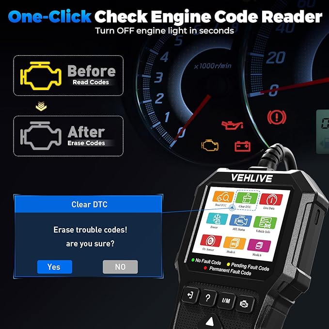 OBD2 Scanner Diagnostic Tool, Check Engine Light Car Code Reader with Reset, Battery Tester, Live Data, Freeze Frame, I/M