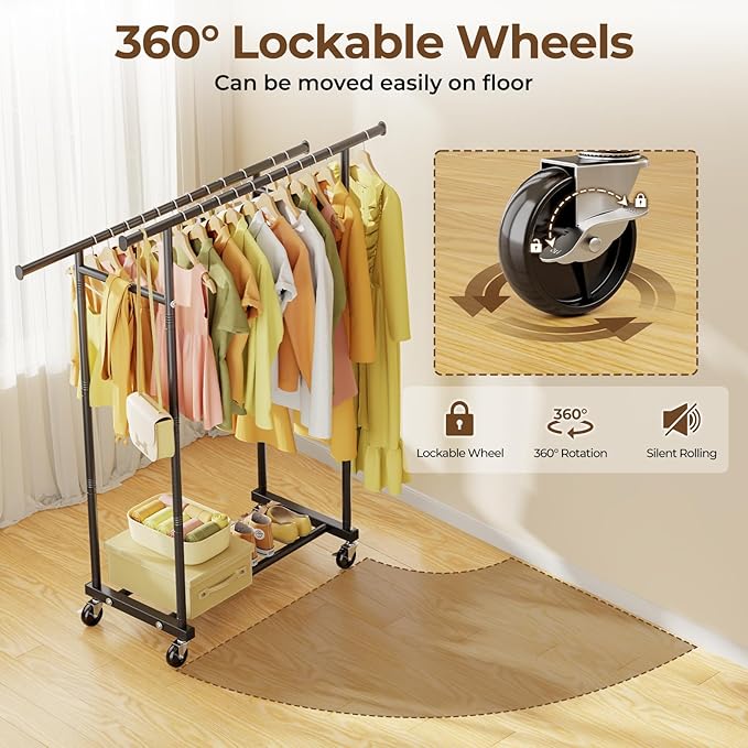 HYSEYY Double Rods Clothes Rack, Rolling Clothing Rack for Hanging Clothes Portable Wardrobe Rack, Metal Garment Rack Sturdy 