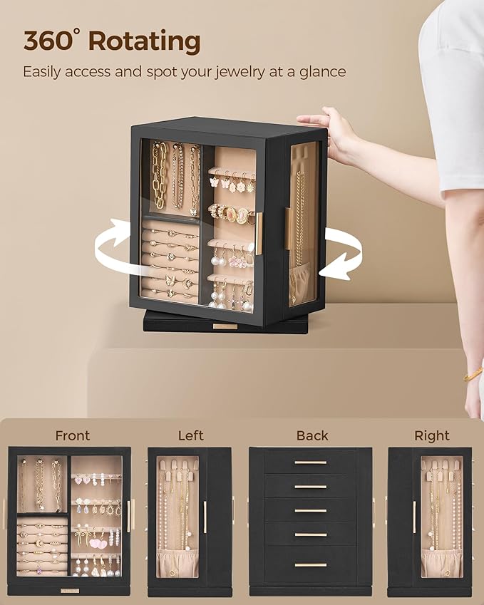 Glimmloop 360° Rotating Jewelry Box with 5 Drawers, Spacious Vertical Jewelry Organizer with Glass Window, Jewelry Storage Ca