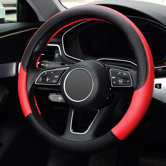 LABBYWAY Steering Wheel Cover, Universal Fit 15 Inch Microfiber Leather Car Wheel Protector, Anti-Slip, Red