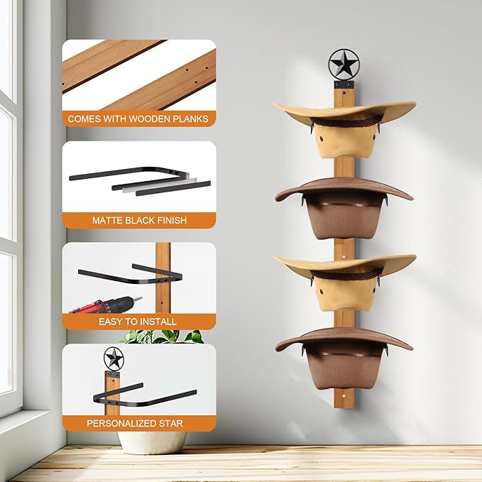 Cowboy Hat Rack, 4-Piece Western Hat Rack For Wall with Natural Wooden Board, Gift Cowboy Hat Holder for Wall Décor Keeps Ori