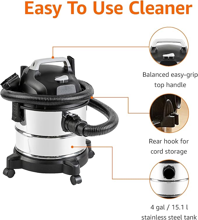 Amazon Basics Wet Dry Shop Vacuum Cleaner, 4 Gallon, 3 HP Stainless Steel, Grey/Black